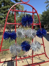 8 Retro Royal Blue & Silver Foil Atomic Pom Pom Starburst ✨Christmas Ornaments