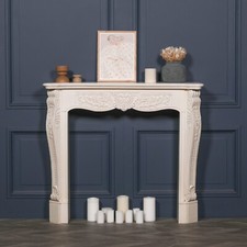 French Style Aged Dauphine Ivory Finish Hand Carved Wooden Fire Surround