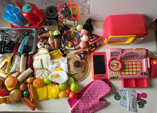 Pretend Food & Play Kitchen Items Lot Cookware, Microwave, Cash Register