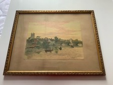 Victorian Watercolour  by C T Davidson Depicting a Riverside Scene -...
