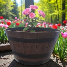 Heavy Duty Barrel Planter 56cm Dark Wood Effect Plastic Garden Tub Pot 50L