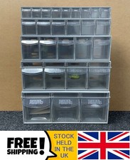 Stack of 5 Grey Storage Plastic Tilt Bins Locking Bar Tubs Parts Van Boxes New