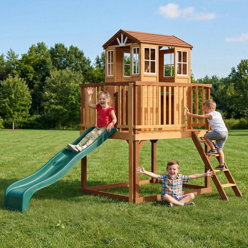 Kids wooden playhouse slide - wooden, w/