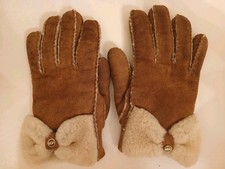Ugg Suede Sheepskin Gloves Size S Brown Bow Shorty Women 