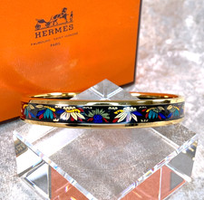 Vintage Hermes Bangle Bracelet Black Enamel Gold Rim Size 65 with Box