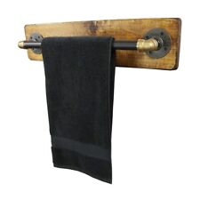 Towel Rail Wooden Base - Industrial Raw Steel & Brass Pipe - Vintage Look