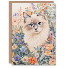 Ragdoll Cat Lover Floral Pet Portrait Watercolour Birthday Greeting Card