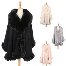Women's Faux Fur Poncho Fleece Soft Faux Fur Collar Cuffs Cape Ladies Shawl Wrap
