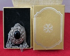 Vintage Avon Rapture Solid Perfume Locket Necklace Brooch Silver Tone Black...