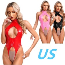 Womens PVC Leather Jumpsuit Sleeveless Turtleneck Bodysuit Crotchless Catsuit
