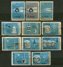 1966, SPACE PROPAGANDA, COSMONAUTS, SPUTNIKS, SET OF 11 RUS MATCHBOX LABELS