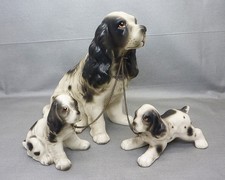 Vintage Porcelain Figurines Springer Spaniel Mom, 2 Pups on Chains Made in Japan