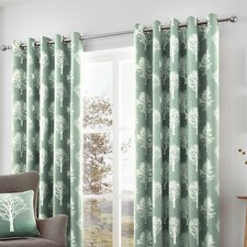 Fusion WOODLAND TREES Duck Egg Blue 100% Cotton Eyelet Ring Curtains / Cushions