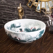 Vintage Lotus Chinese Painting Handmade Bathroom Ceramic Counter Top Basin Sink