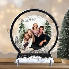 Acrylic Personalised Family Christmas Photo Snow Globe Plaque Sign on Stand Gift