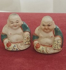 Vintage Pair Buddha Porcelain Bisque Miniature Figurine Statue