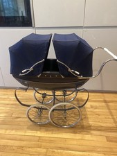 VINTAGE 60S SILVER CROSS TWIN DOLLS PRAM COACH BUILT BLUE BIG LITTLE WHEELS