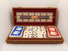 VTG Domino Set Playing Card And Inlaid Wooden Cribbage Board In Wooden Box