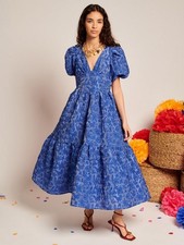 NEW Sister Jane Womens Floral Jacquard V-Neck Open Back Midi Dress Blue Size 14