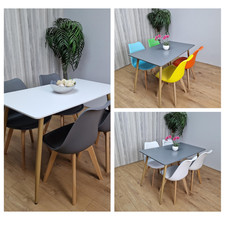 Dining Table Set of 4 Wooden Grey Table with 4 Leather Plastic Chairs