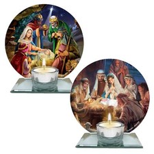 Glass Christmas Nativity Tea Light Candle Holder - Choose Design