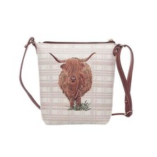 Shoulder Sling Bag Women Cross Body Signare Tapestry Handbag Beige Highland Cow