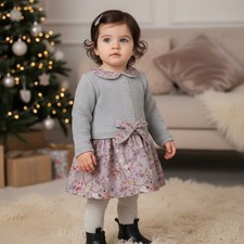 Baby Girl Dress Toddler Knitted Floral BOW Spanish Long Sleeve Grey