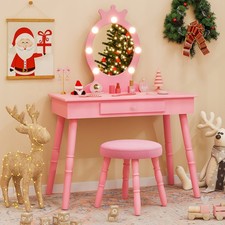 Kids Vanity Table & Chair Set with LED Lights Crown Mirror Pink