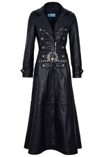 Ladies Black Full-Length Leather Trench Coat Military Victorian Elegant Jacket