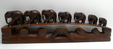 VINTAGE TEAK CEYLON WOODEN HAND CARVED 7 ELEPHANTS ON STAND STATUES FIGURINES