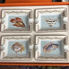 HERMES Mini Ashtray Plate Cigar Tray fish Set of 4 with Box unused