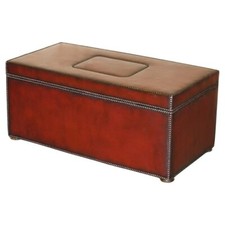 VINTAGE RESTORED ANTIQUE NAIL TACKED BORDEAUX LEATHER STEAMER STORAGE TRUNK