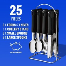 24PC CUTLERY DINNER SET STAINLESS STEEL DININ METAL STAND RACK FORKS TEA SPOONS