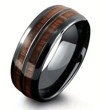 Wood Inlay Whiskey Barrel Ring Size Z1 Black Stainless Steel Unique 8mm Wide 
