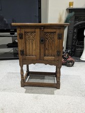 Old Charm Small Oak Carved Cupboard Circa 1970  On Turned Legs