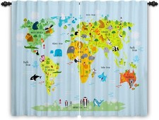 42"x 63" Map Linen Look Curtain Cartoon Green World Map Cute Animal Nautical Th