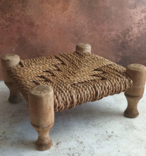 Vintage wooden stool woven - stool,