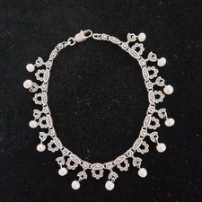 Vintage 925 Sterling Silver Marcasite Link & Dangling Pearl 19.5cm Bracelet 