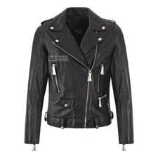 Women's Brando Lambskin Leather Jacket Black Motorbike Fitted Biker Style Jacket