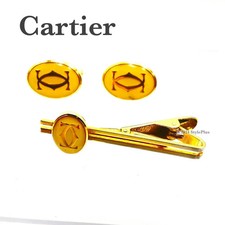 Cartier Cuffs Cufflinks Tie Pin Set Yellow Gold Rare Used Good Condition Vintage
