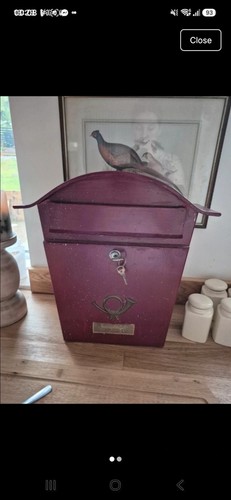 Metal red post box with - post, keys