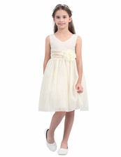 Girls V Neck Chiffon Bow Sash Wedding Bridesmaid Prom Gowns Flower Girl Dress
