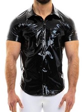 Modus Vivendi Vinyl Shirt: Shiny PVC Look, Collared, Button Up, Pockets, Many Co