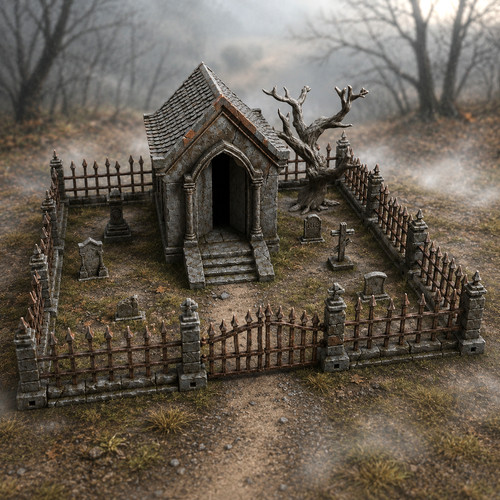 28mm 32mm cemetery - crypt, fence