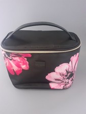 New Ted Baker Soft Vanity Case Black Floral Branded Handle Zipper Front.