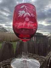 CRANBERRY Glass- Set Of 4 Stemmed Floral Etched Glasses 6 Oz Wine Water Sherry