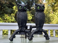 Antique 13” Owl Andirons Figural Cast Iron Pair Fireplace Green Glass Eyes