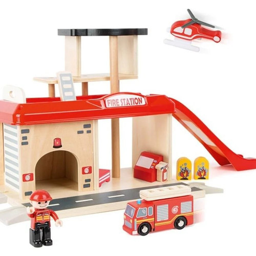 Wooden fire station with - fire,