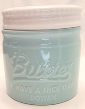 Dowan Ceramic French Butter Bell Keeper Crock Mason Jar Blue & White Embossed