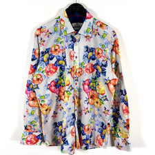 CLAUDIO LUGLI Shirt Mens 2XL White Blue Red Floral Tapestry Design Smart Casual